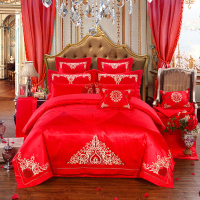 婚庆四件套大红色纯棉刺绣花婚礼结婚床上用品新婚喜庆床品十件套