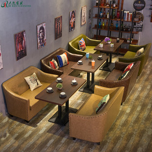 复古咖啡厅沙发 西餐厅皮艺沙发 酒吧奶茶店甜品店漫咖啡桌椅组合