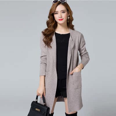 2016秋季新品韩版中长款开衫薄款羊绒羊毛呢纯色修身气质风衣外套