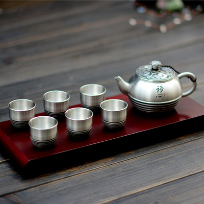 马来西亚纯锡茶具 锡器茶具套装八件套 禅心茶具配茶壶茶杯 包邮
