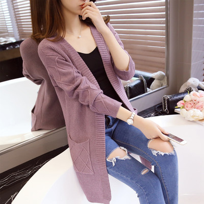 2016新款韩版无扣中长款修身针织衫V领长袖开衫女装毛衣纯色外套