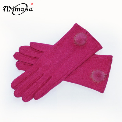 Mimosa 秋冬季女士羊毛绒手套触屏保暖兔毛球潮流手套