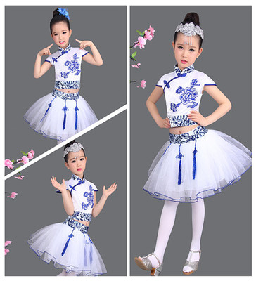 六一儿童青花瓷表演服演出服幼儿舞蹈服儿童青花瓷蓬蓬裙纱裙