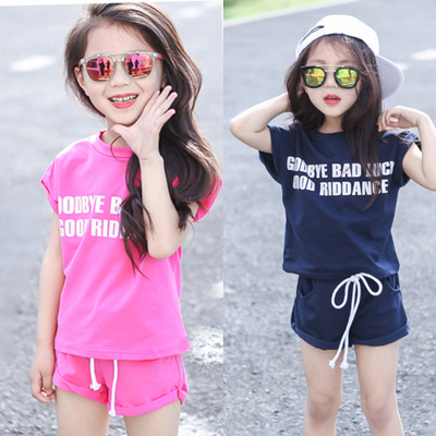 女童夏装套装2016新款韩版中大童纯棉字母短袖T恤短裤运动2件套潮