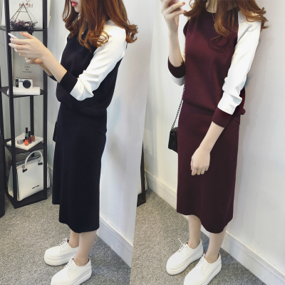 2016秋季韩版新款针织连衣裙女装长袖T恤休闲中长裙两件套装女潮