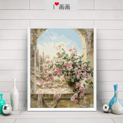 diy数字油画手绘植物花卉窗前风景静物客厅卧室装饰画壁画蔷薇花