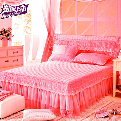 纯棉蕾丝床裙单件大红色夹棉床笠结婚庆欧式床罩双人粉色床群加厚