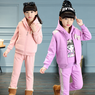 童装女童冬装2016新款加绒加厚儿童卫衣三件套中大童运动冬季套装