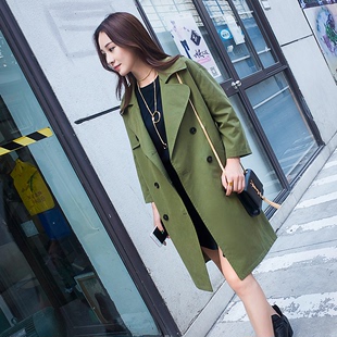 YOFAN定制 风衣女2016秋装新款中长款韩版军绿色长袖外套双排扣潮