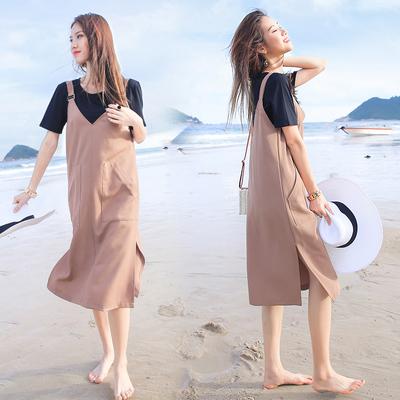 韩版背带裙女夏2017新款两件套中长款连衣裙学生显瘦吊带裙套装裙