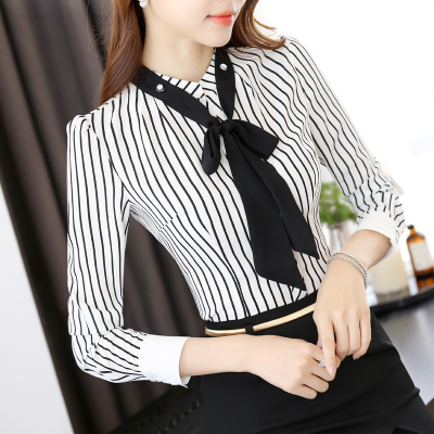 秋季新品黑白条纹衬衫女长袖修身显瘦韩版职业正装清新气质上衣