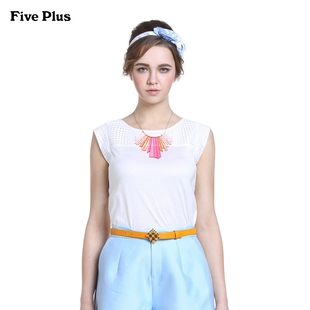 Five Plus新女夏装百搭时尚镂空几何拼接圆领无袖T恤2142023490