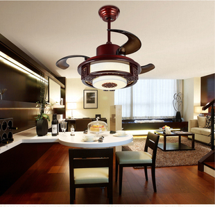 中国风隐形电风扇中式木艺客厅餐厅卧室吊灯大风力电风扇带LED灯