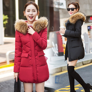 冬装新款韩版女装棉衣女中长款毛领连帽修身羽绒棉服大码棉袄外套