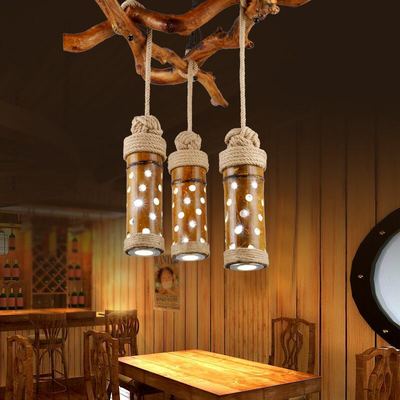 美式乡村木头竹子麻绳灯复古创意新颖农家乐咖啡厅吧台百搭吊灯