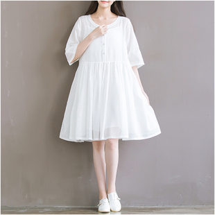 森女日系学院风大码女装文艺小清新白色棉布中袖宽松两件套连衣裙