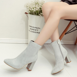 秋冬季韩版新款靴子女鞋粗跟高跟马丁靴绒面方头纯色短靴子棉鞋潮