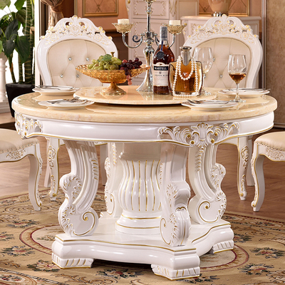 欧式大理石餐桌实木雕花圆形饭桌客厅餐桌双层转盘餐桌椅组合家具
