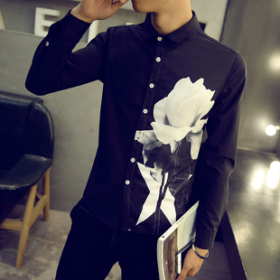 男士秋季新款长袖衬衫男 青少年学生印花韩版修身休闲男装衬衣潮