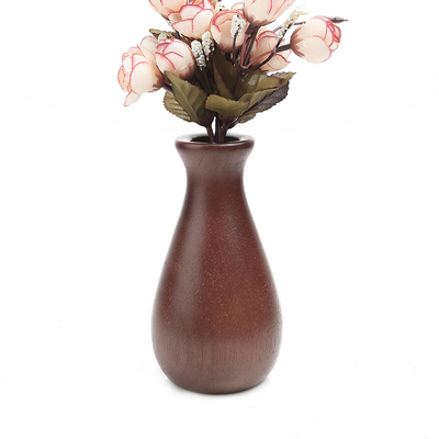 胡桃色实木花瓶 实木花插花器 木质花瓶摆件 台面小花瓶茶道摆饰