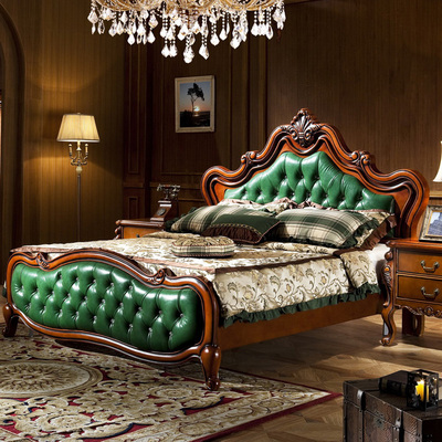 世纪之恋 欧式床 美式真皮床 法式实木双人床1.8米橡木床卧室婚床