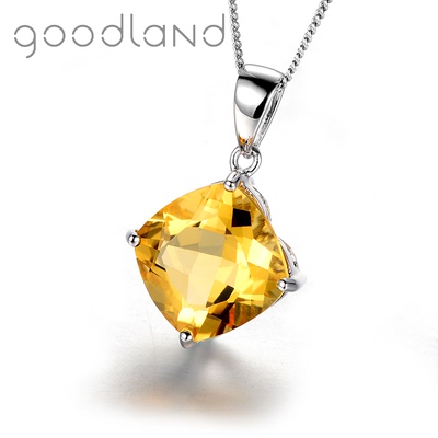 goodland 天然黄水晶吊坠925纯银项链简约气质方形水晶彩宝锁骨链