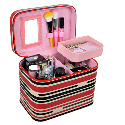 韩版时尚条纹长方形带分装盒PU高档大号化妆箱收纳箱