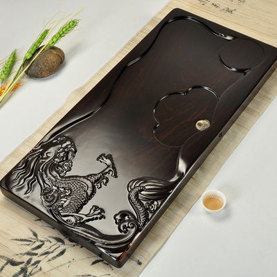 黑檀木整块茶盘 功夫茶具实木大号长方形精雕图平板排水茶台套装