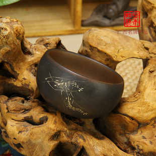 茶杯定制坭兴陶功夫茶杯子套装大号个性陶瓷纯手工雕刻非 紫砂杯