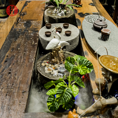 老船木流水茶台创意实木茶几中式仿古家具古典禅意功夫茶桌椅组合