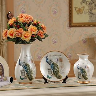 欧式陶瓷花瓶装饰盘三件套现代简约客厅彩绘工艺摆件家装乔迁礼品